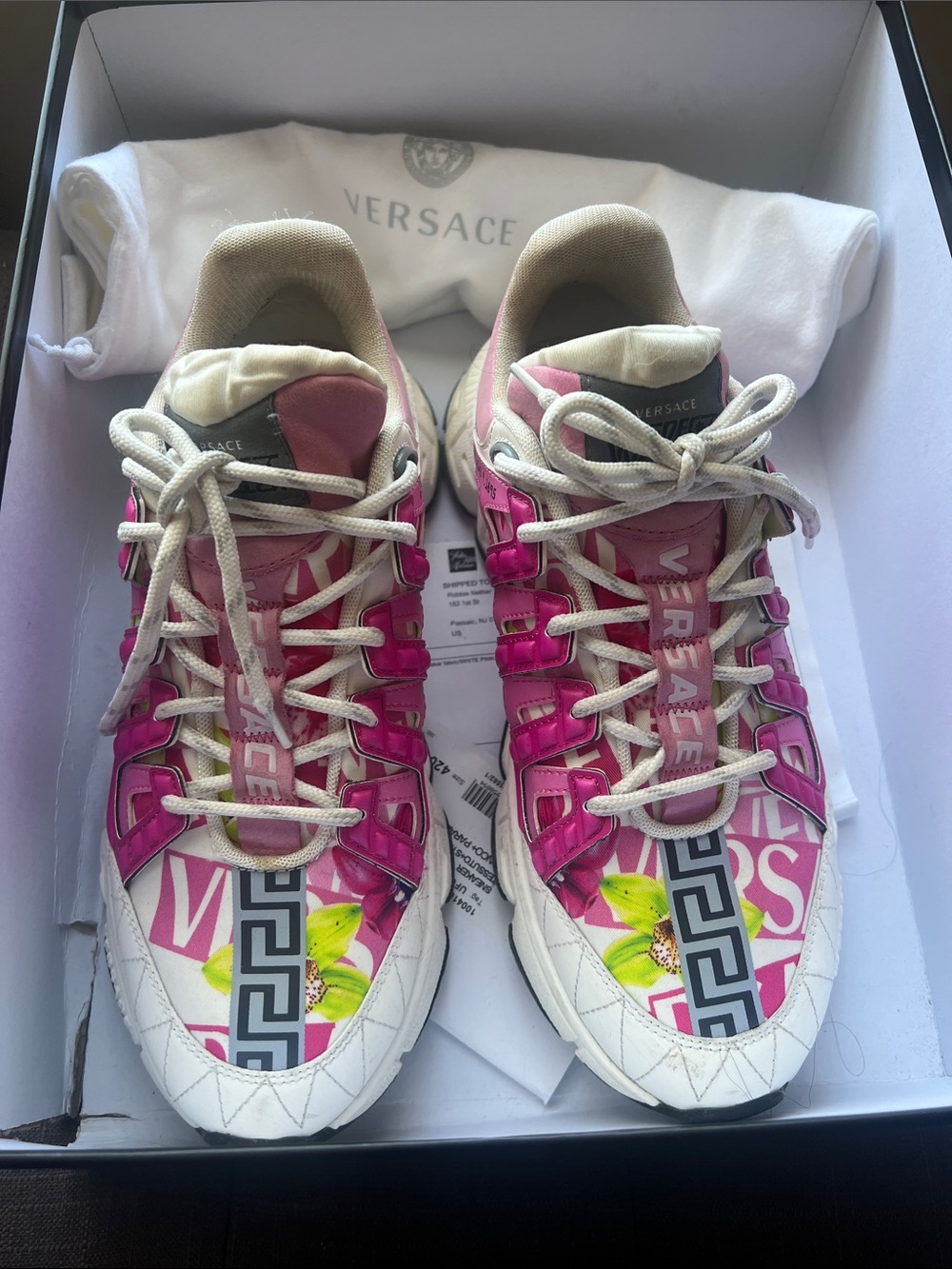 Versace Pink Floral Graphic Women’s Sneakers with White Accents